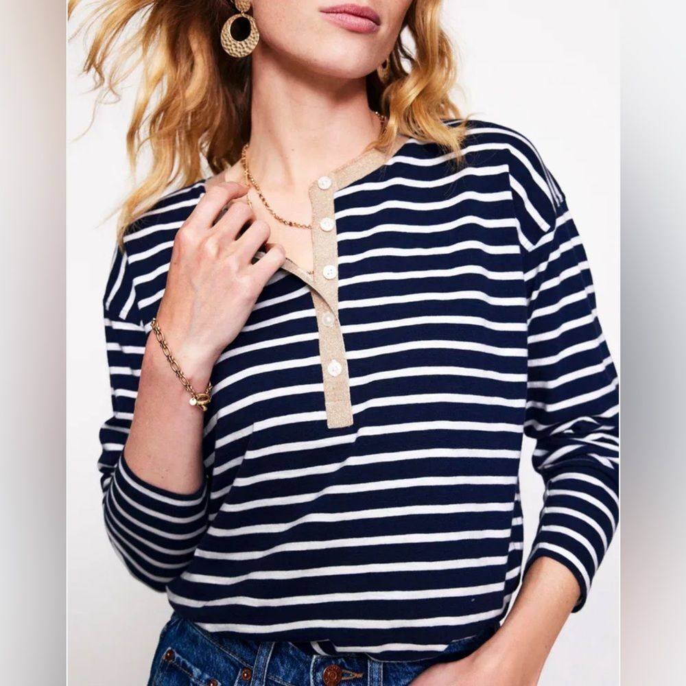 New Boden Metallic Trim Striped Henley Top Navy White women's 16/18